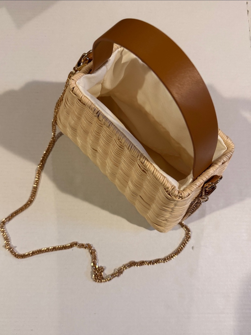 Woven Straw Handbag with Brown Leather Handles - Picture 2 of 3
